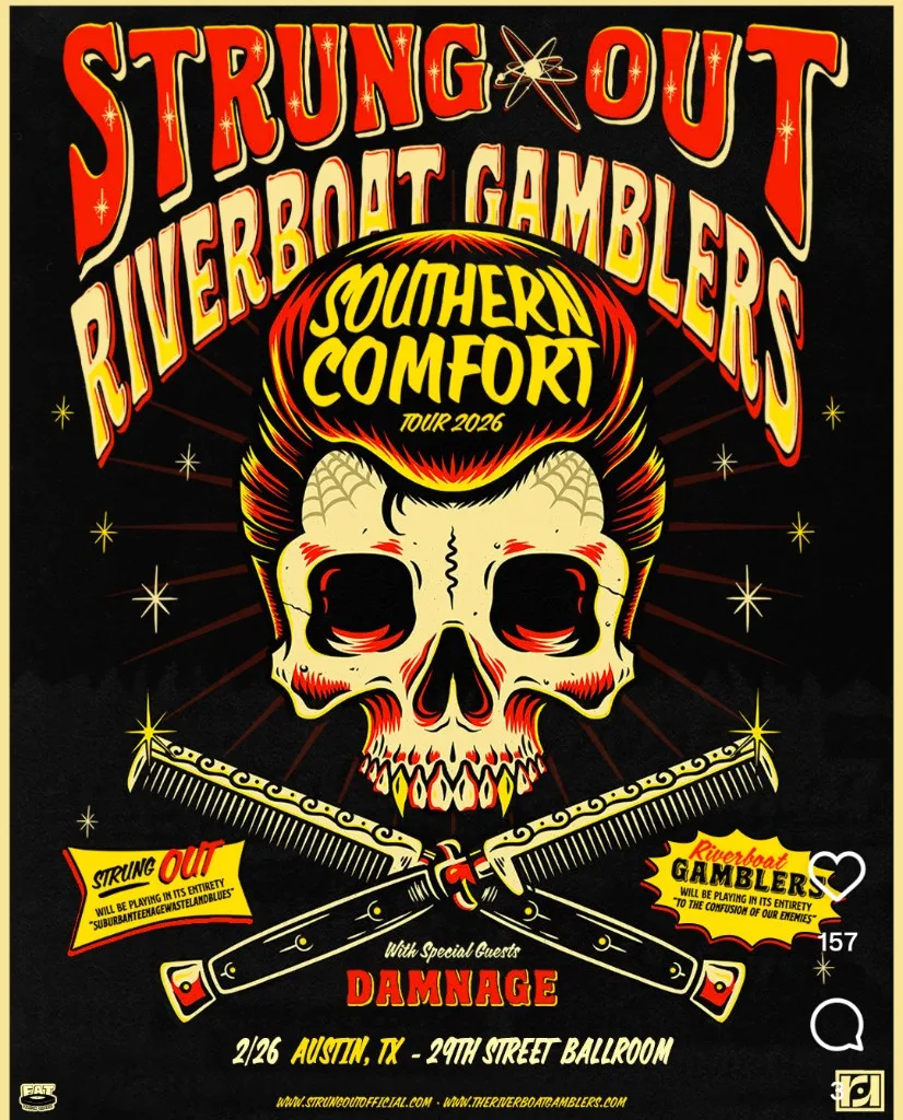 Strung Out and Riverboat Gamblers Southern Comfort Tour 2026 flyer -- with special guests Damnage, at 29th Street Ballroom, Feb 26 2027