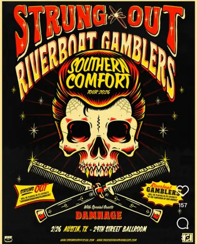Strung Out and Riverboat Gamblers Southern Comfort Tour 2026 flyer -- with special guests Damnage, at 29th Street Ballroom, Feb 26 2027